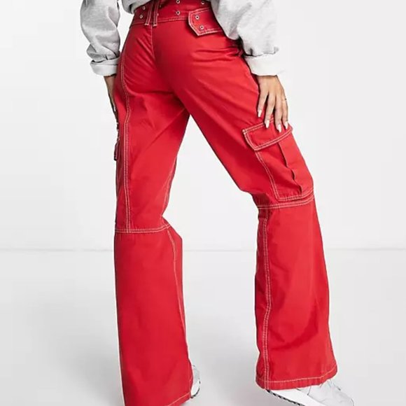 ASOS DESIGN Belted Flare Combat Cargo Pants In Red Size 8 NWOT - Picture 3 of 13